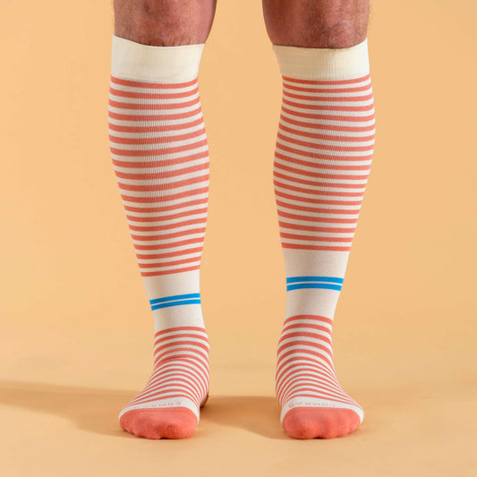 Comrad CloudCotton Compression Socks, Stripes, Cream/Terra Cotta – shown worn