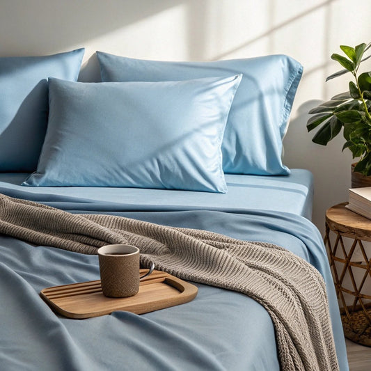 Bamboo is Better Copper Infused Bamboo Sheet Set, Dusty Blue – lifestyle photo