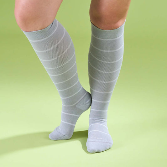 Comrad Knee-High Compression Socks, Stripes 20-30 mmHg, Heather/White – shown worn