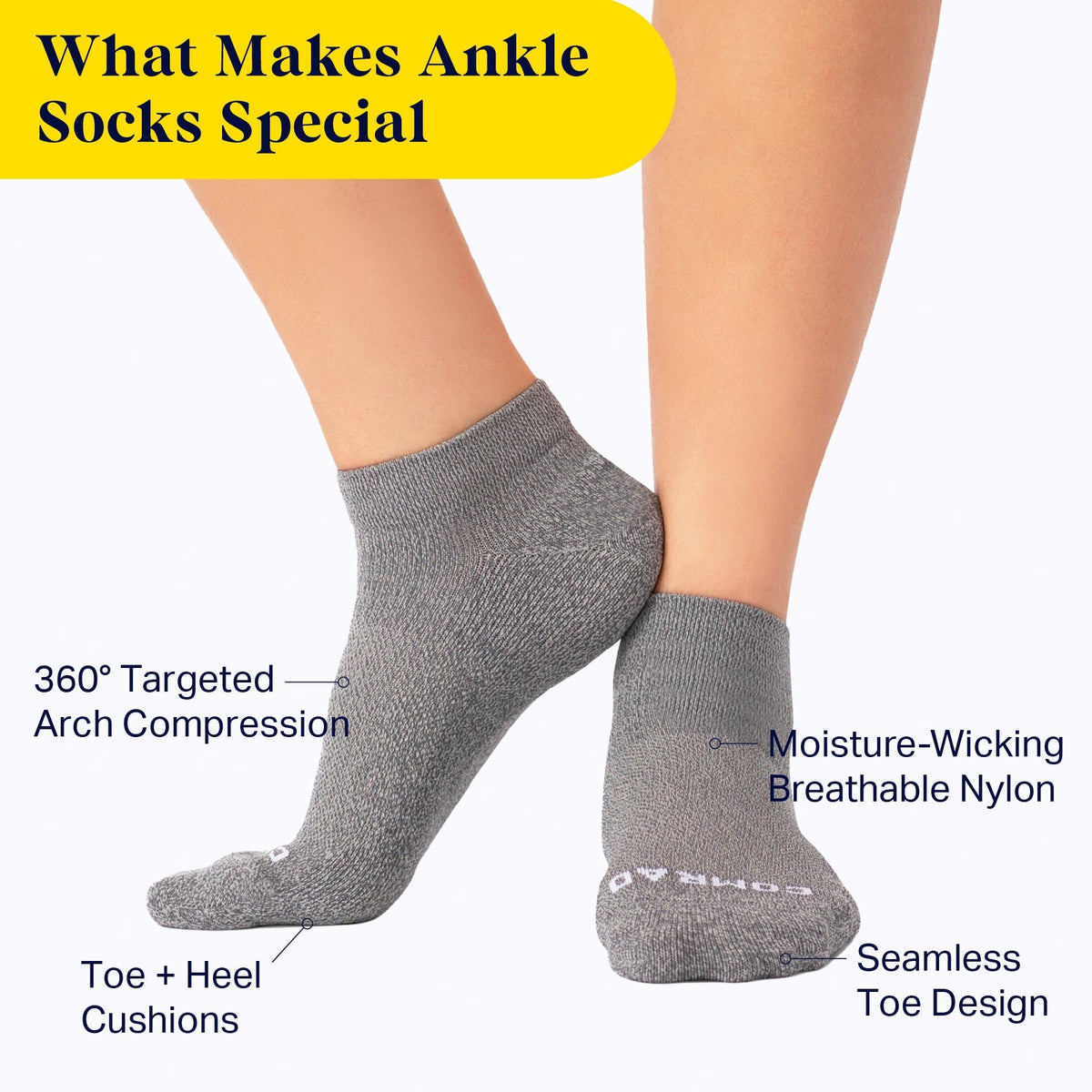 Comrad Ankle Compression Socks – feature callouts graphic