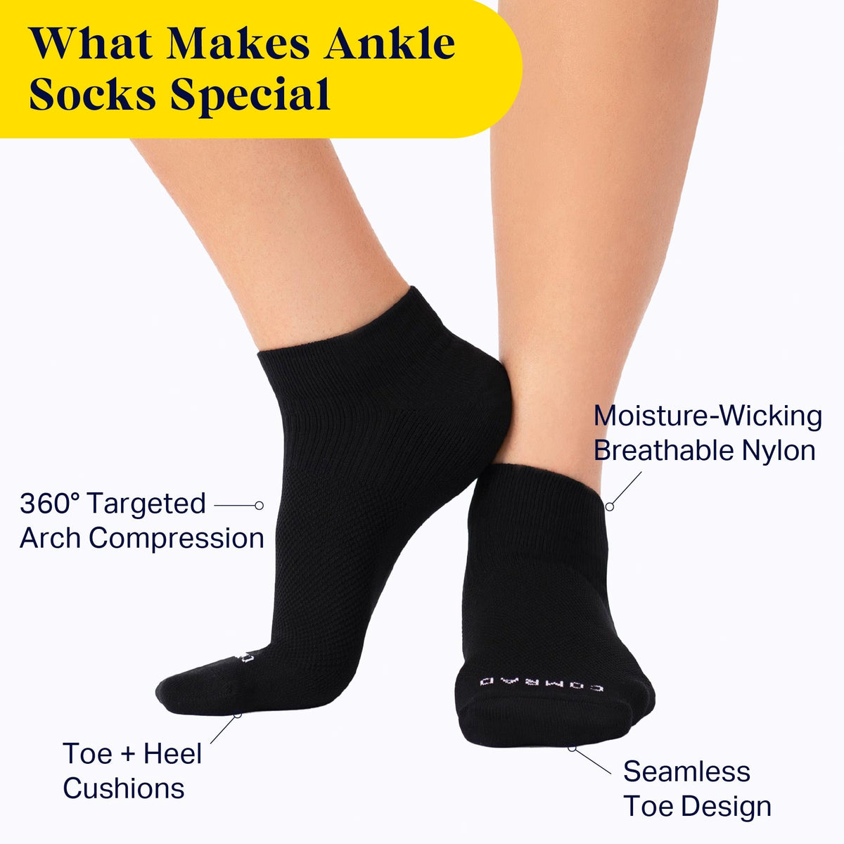 Comrad Ankle Compression Socks – feature callouts graphic