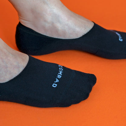 Comrad Combed Cotton No Show Socks, Black – shown worn