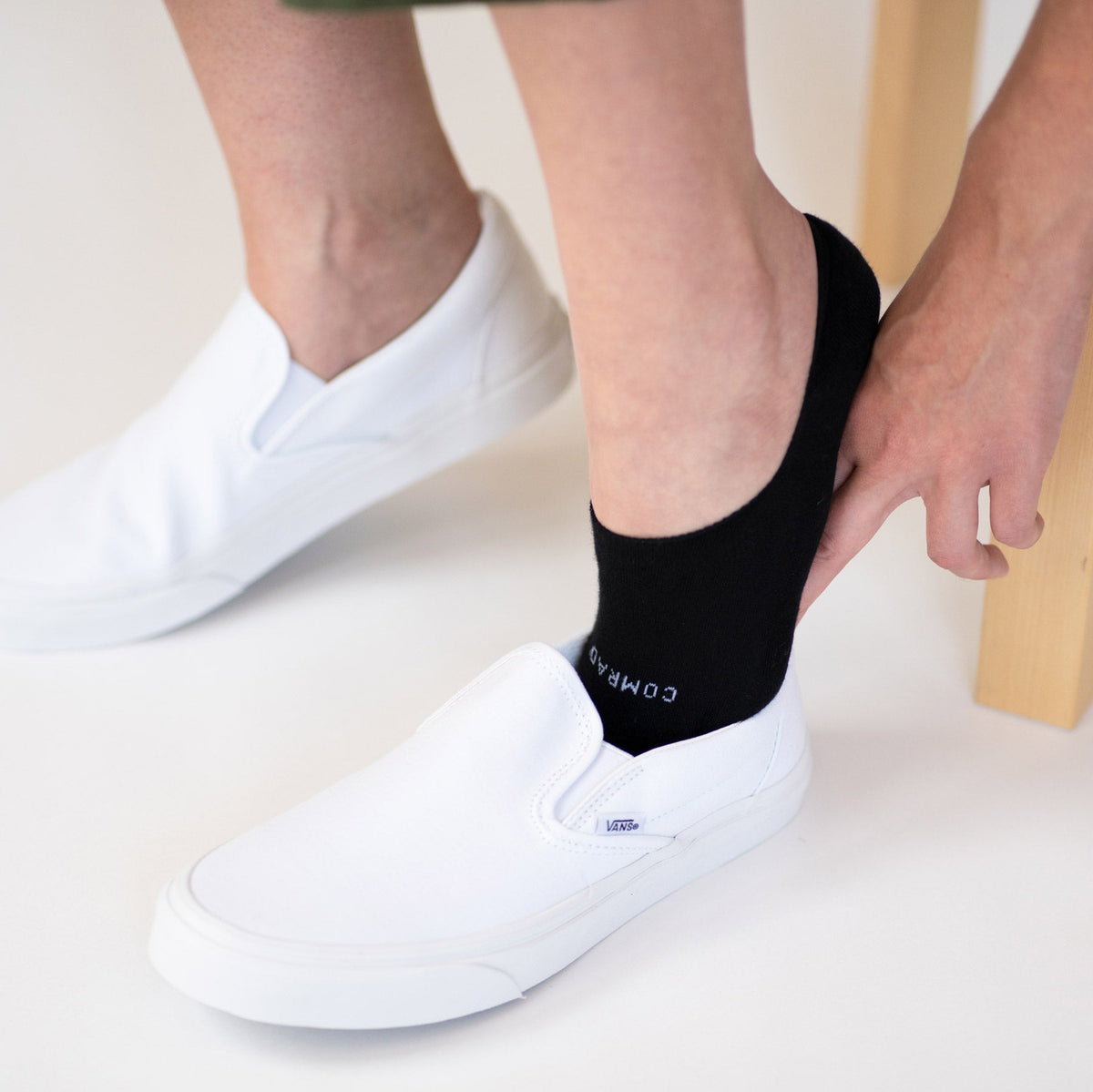 Comrad Combed Cotton No Show Socks, Black – shown worn