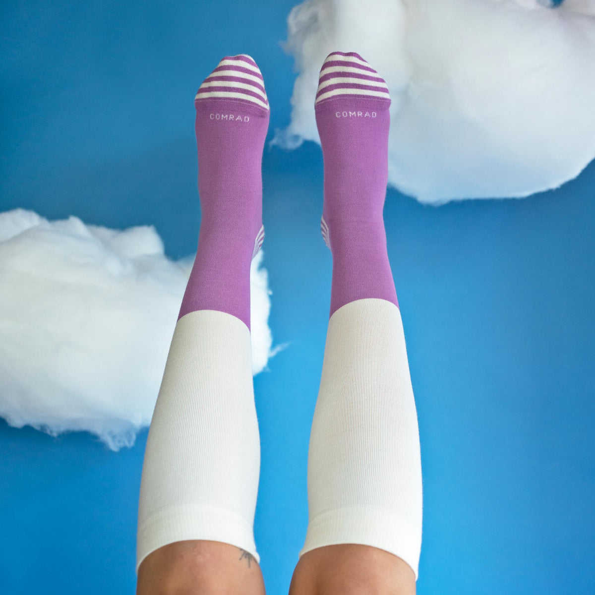 Comrad CloudCotton Compression Socks, Colorblock, Cream/Mulberry – shown worn