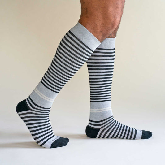 Comrad CloudCotton Compression Socks, Stripes, Grey/Black – shown worn