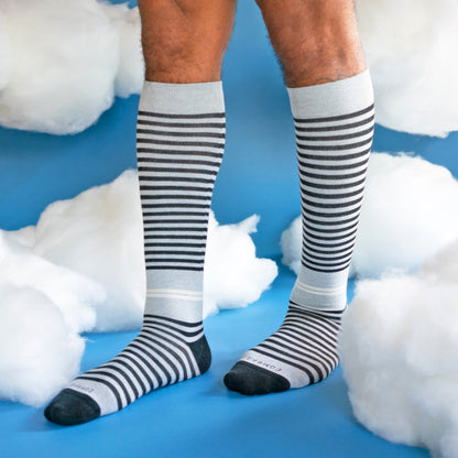 Comrad CloudCotton Compression Socks, Stripes, Grey/Black – shown worn