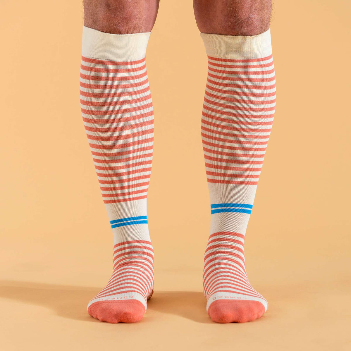 Comrad CloudCotton Compression Socks, Stripes, Cream/Terra Cotta – shown worn