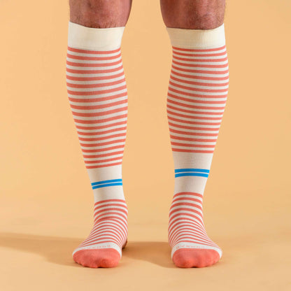 Comrad CloudCotton Compression Socks, Stripes, Cream/Terra Cotta – shown worn