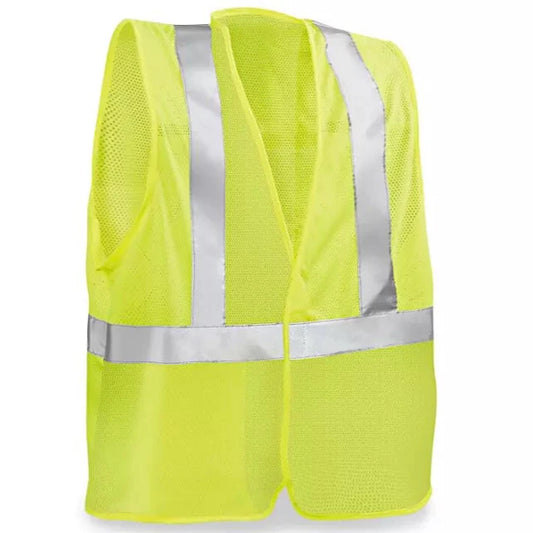 Yellow high-visibility Class 2 safety vest with silver reflective stripes