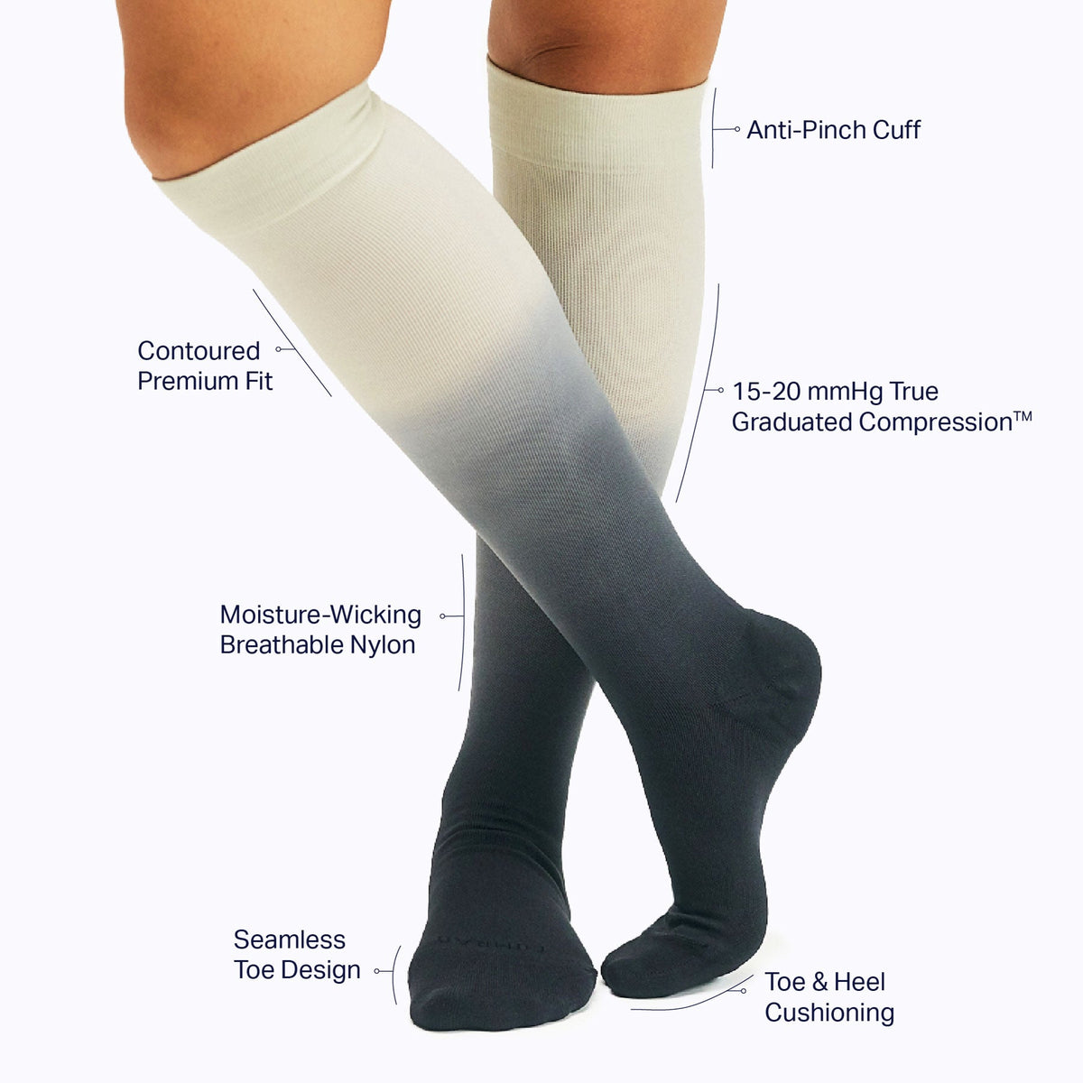 Comrad Knee-High Compression Socks, Ombre – feature callouts graphic