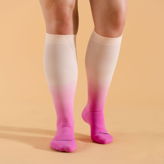 Comrad Knee-High Compression Socks, Ombre, Berry – shown worn