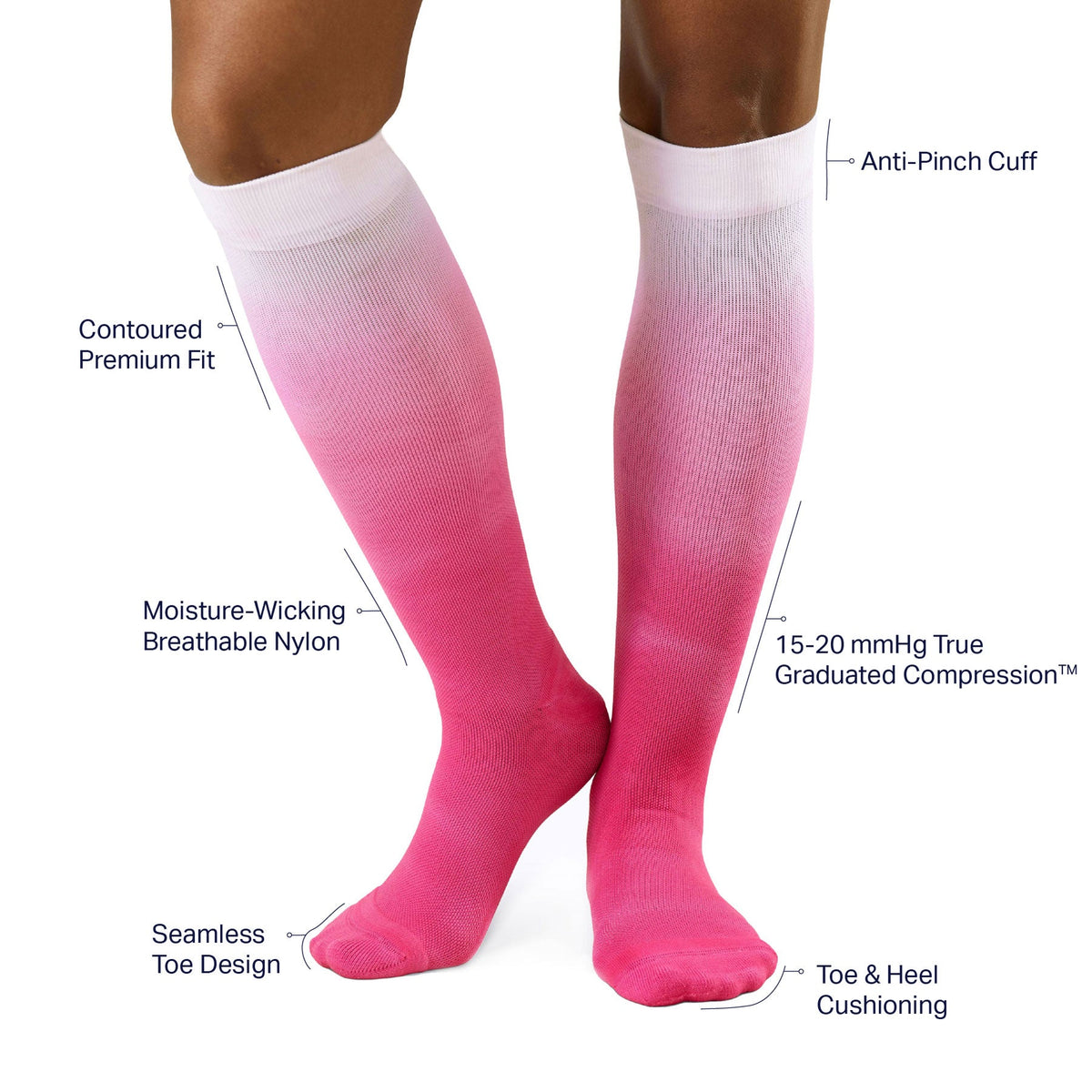 Comrad Knee-High Compression Socks, Ombre – feature callouts graphic