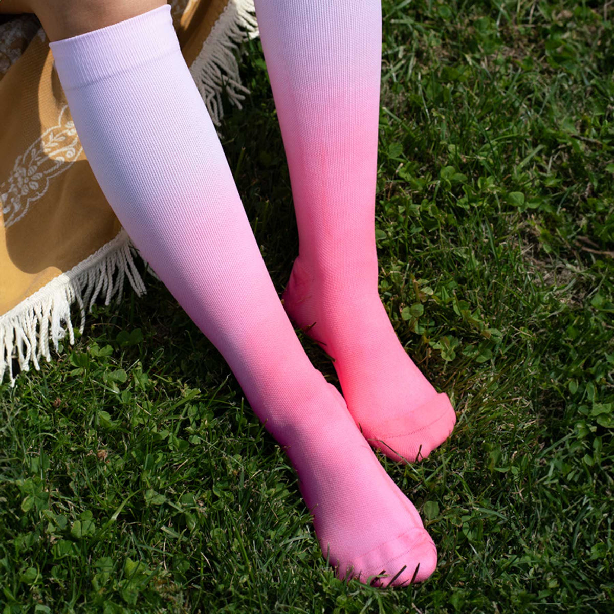 Comrad Knee-High Compression Socks, Ombre, Berry – shown worn