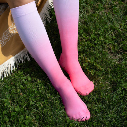 Comrad Knee-High Compression Socks, Ombre, Berry – shown worn