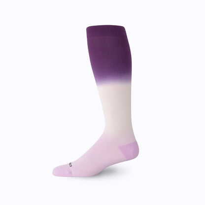 Comrad Knee-High Compression Socks, Double-Dip Ombre, Purple/Sand/Pink – shown worn