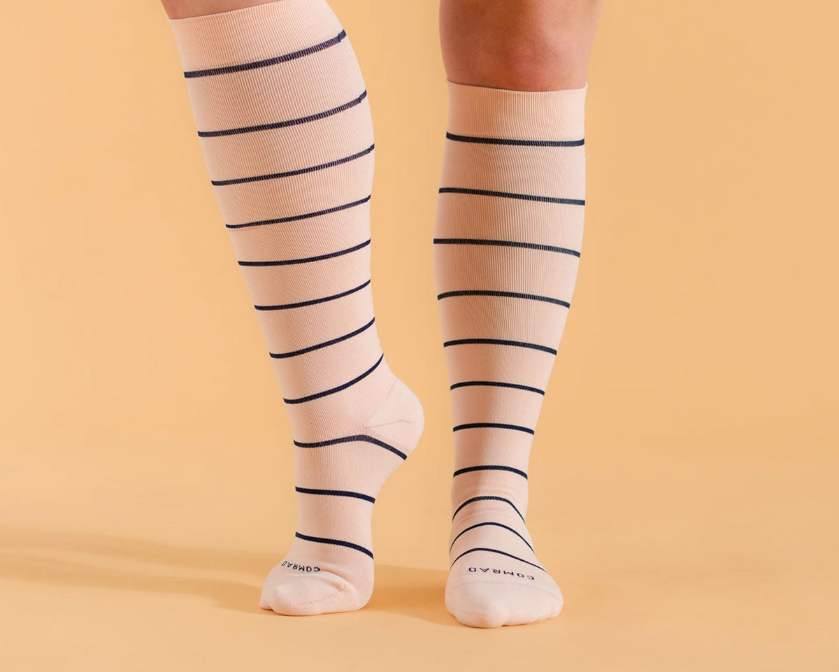 Comrad Knee-High Compression Socks, Stripes 20-30 mmHg, Rose/Navy – shown worn