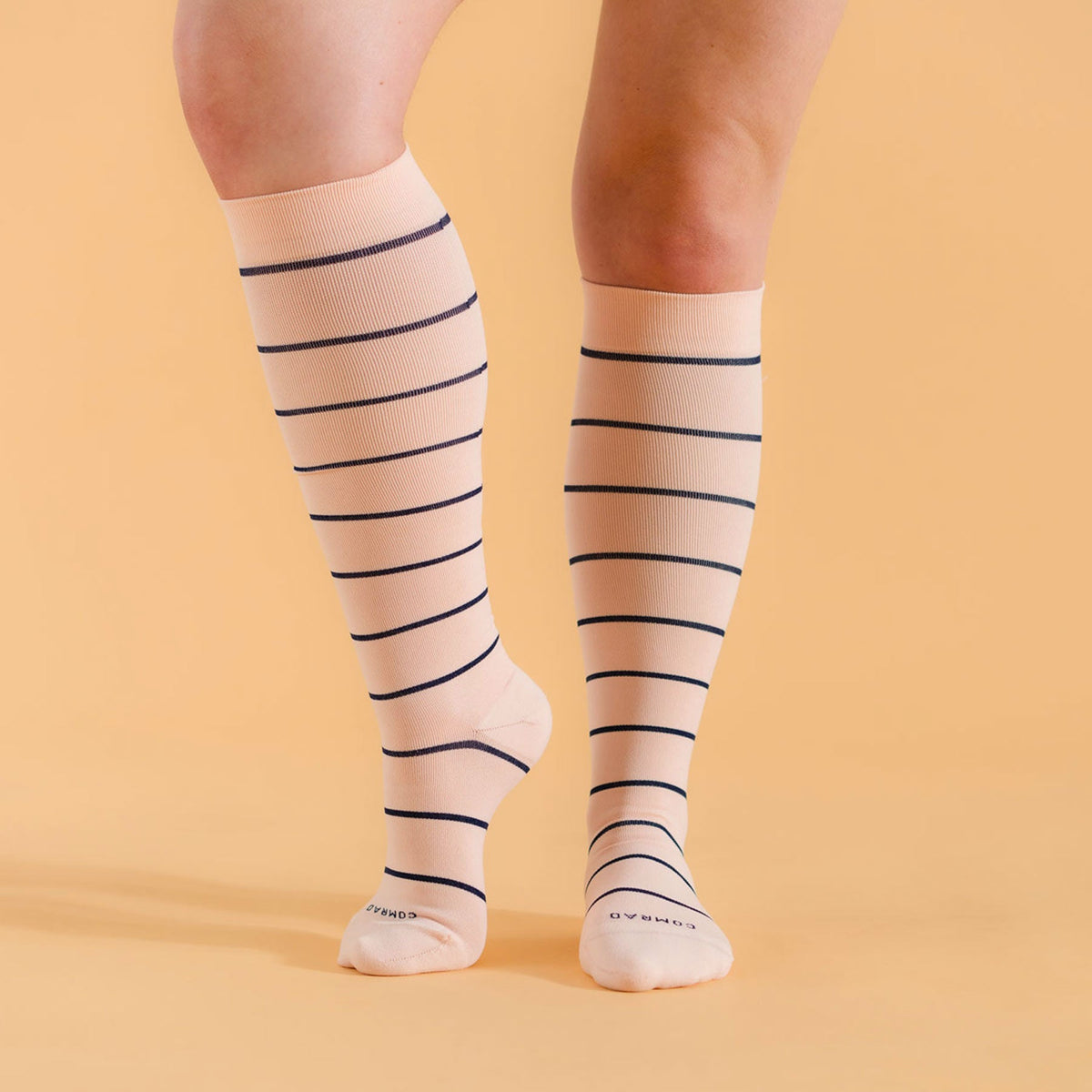 Comrad Knee-High Compression Socks, 3 Pack Stripes, Rose/Navy – shown worn