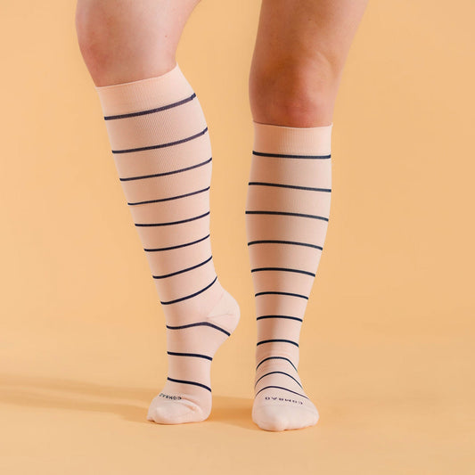 Comrad Knee-High Compression Socks, 3 Pack Stripes, Rose/Navy – shown worn