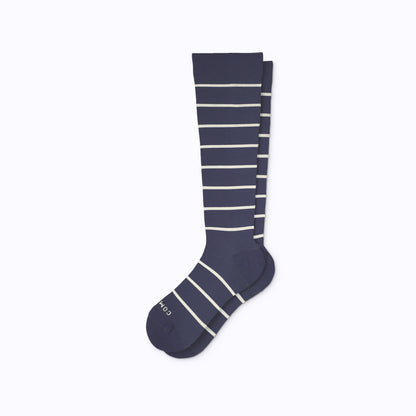 Comrad Knee-High Compression Socks, Stripes 20-30 mmHg, Navy/Sand – flat lay