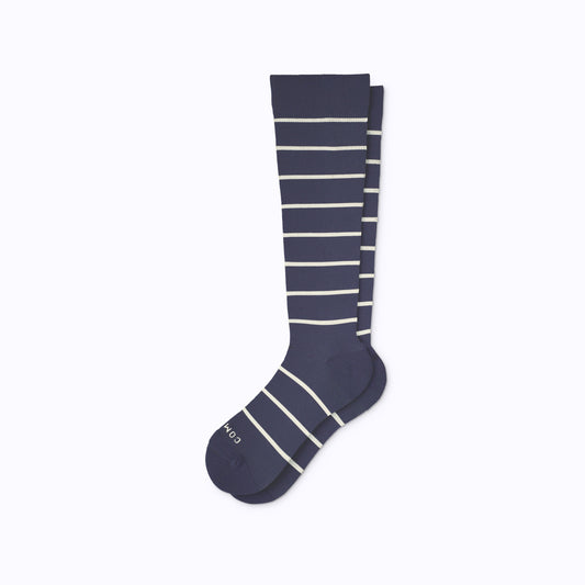 Comrad Knee-High Compression Socks, Stripes, Navy/Sand – flat lay