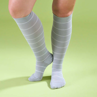 Comrad Knee-High Compression Socks, Stripes, Heather/White – shown worn
