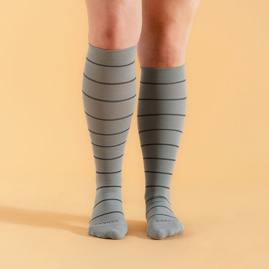 Comrad Knee-High Compression Socks, Stripes, Grey/Charcoal – shown worn