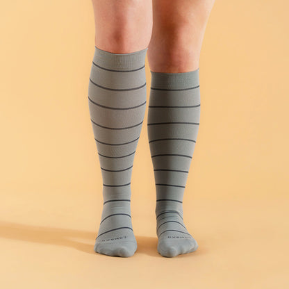 Comrad Knee-High Compression Socks, 3 Pack Stripes, Grey/Charcoal – shown worn