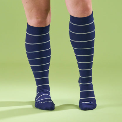 Comrad Knee-High Compression Socks, Stripes 20-30 mmHg, Navy/Sand – shown worn