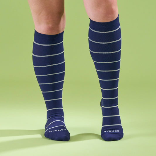 Comrad Knee-High Compression Socks, Stripes 20-30 mmHg, Navy/Sand – shown worn