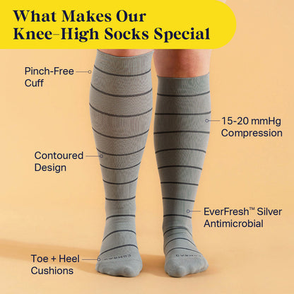 Comrad Knee-High Compression Socks, 3 Pack Stripes – feature callouts graphic