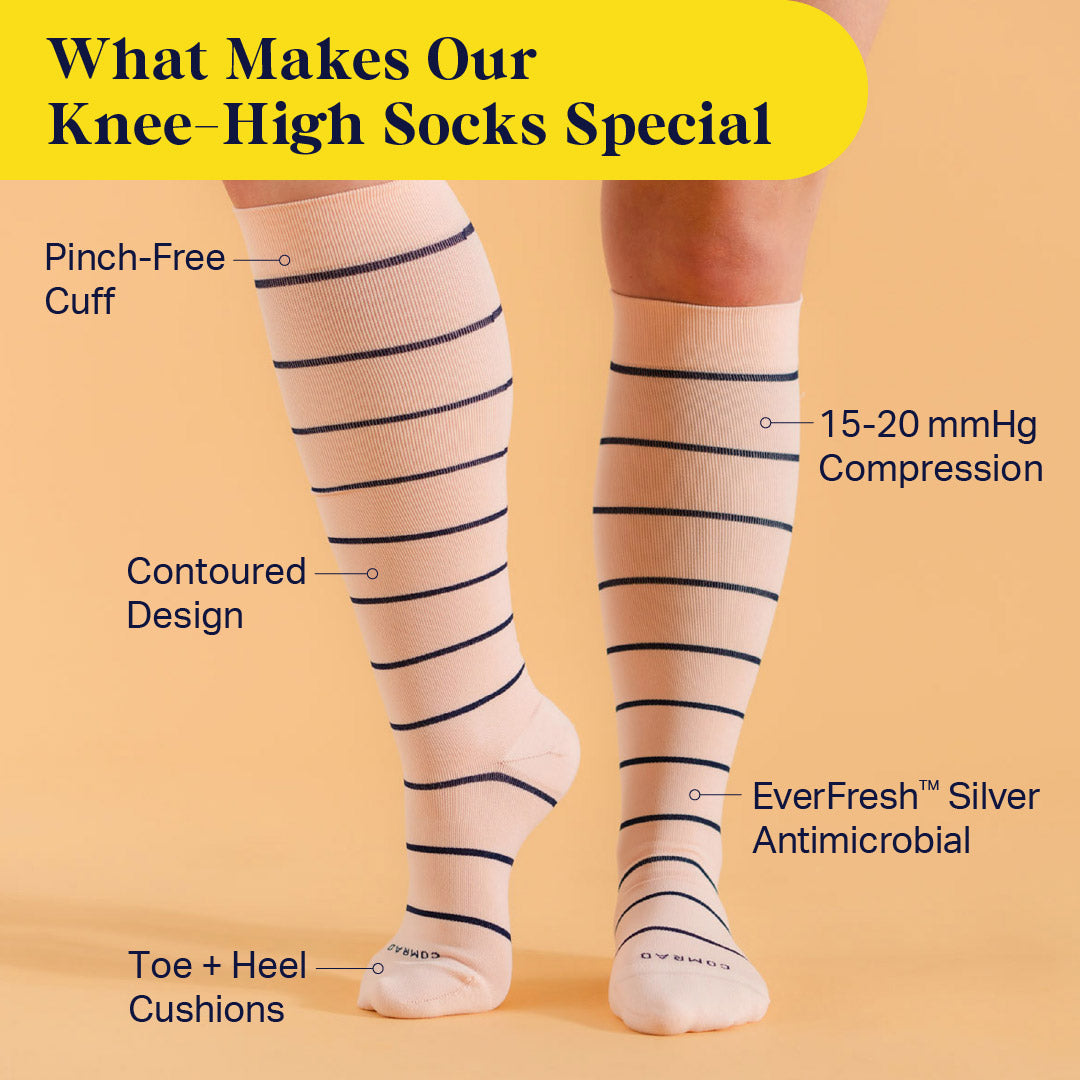 Comrad Knee-High Compression Socks, 3 Pack Stripes – feature callouts graphic