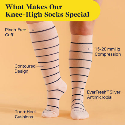 Comrad Knee-High Compression Socks, 3 Pack Stripes – feature callouts graphic