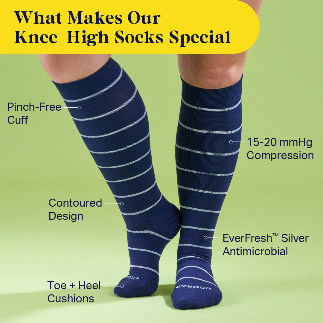 Comrad Knee-High Compression Socks, Stripes – feature callouts graphic