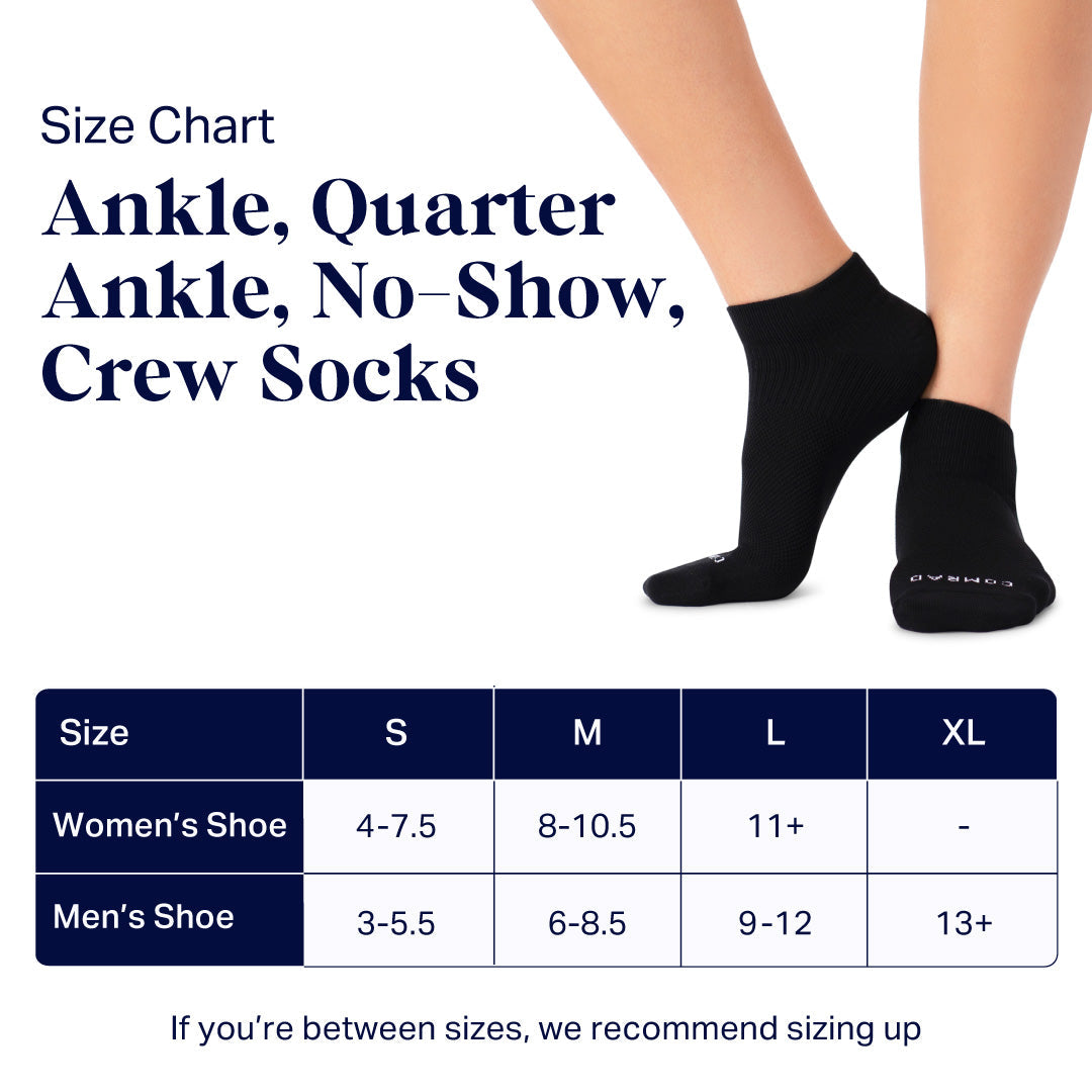 Comrad Ankle Compression Socks, 4 Pack – size chart