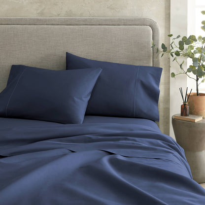Whisper Organics 300 TC Organic Sateen Flat Sheet, Navy – foot-of-bed view