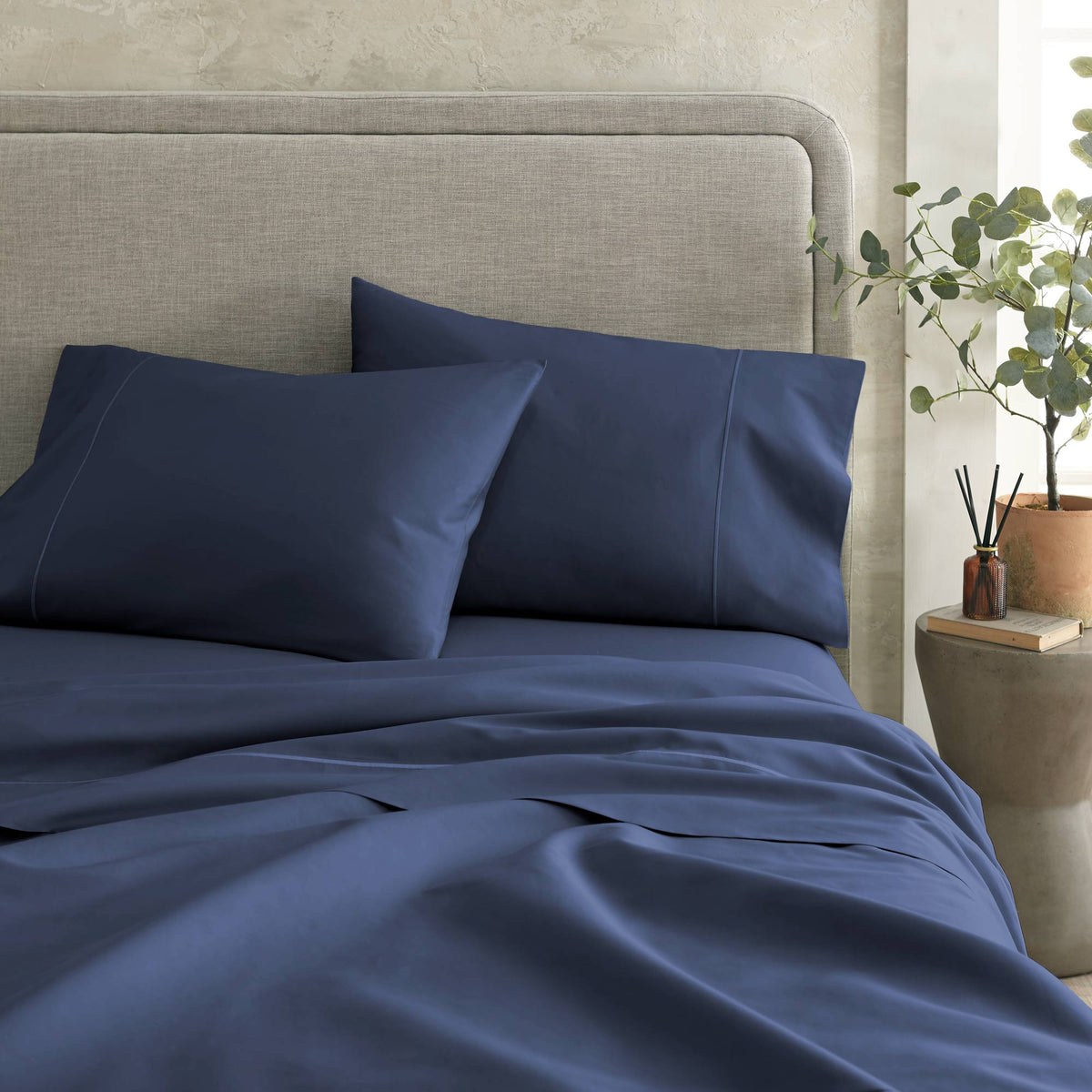 Whisper Organics 300 TC Organic Sateen Sheet Set, Navy – foot-of-bed view
