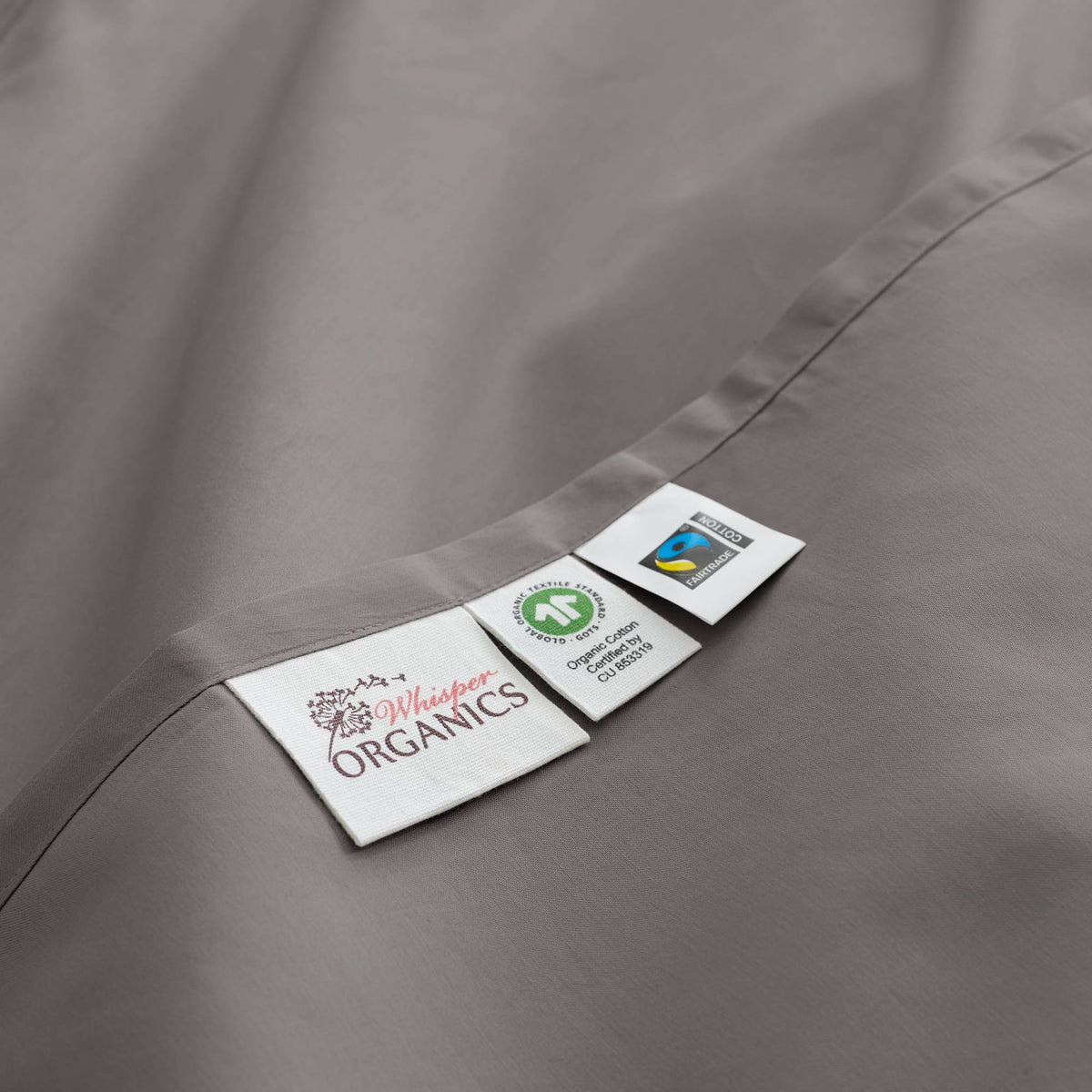 Whisper Organics 300 TC Organic Sateen Pillowcase Set, Stone – label close-up