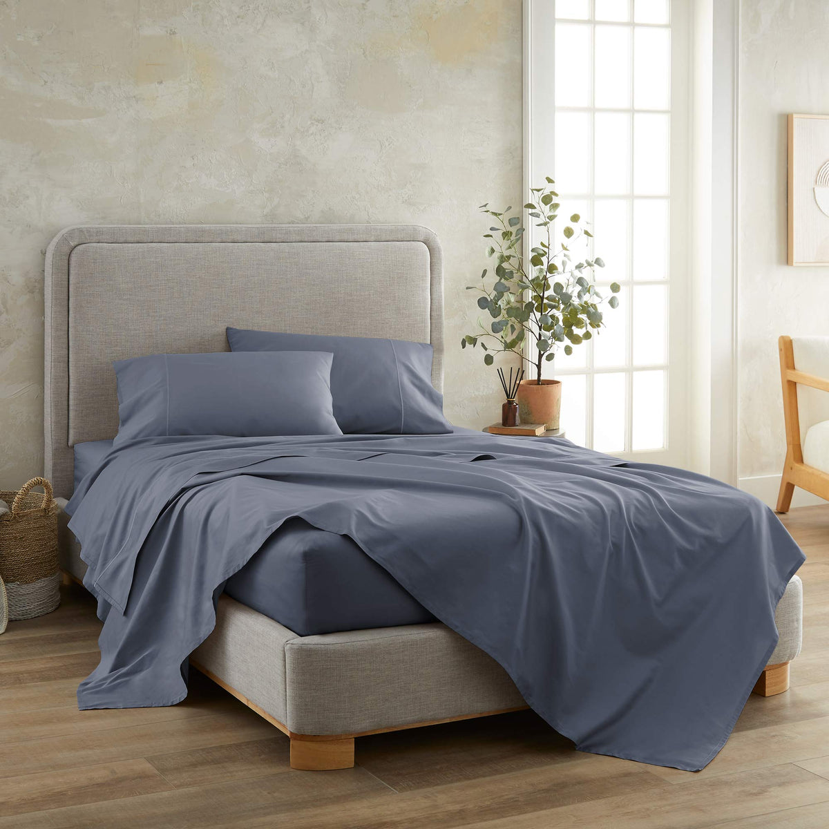 Whisper Organics 300 TC Organic Sateen Fitted Sheet, Mineral – on a bed