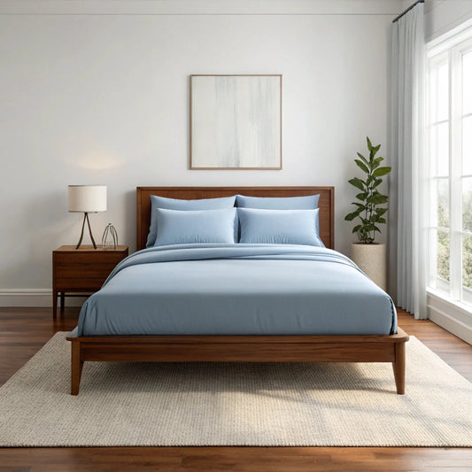 Bamboo is Better Copper Infused Bamboo Sheet Set, Dusty Blue – lifestyle photo