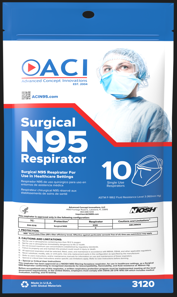 Resealable pouch of 10 ACI model 3120 surgical N95 respirators