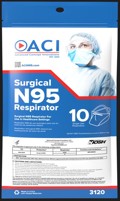 Resealable pouch of 10 ACI model 3120 surgical N95 respirators