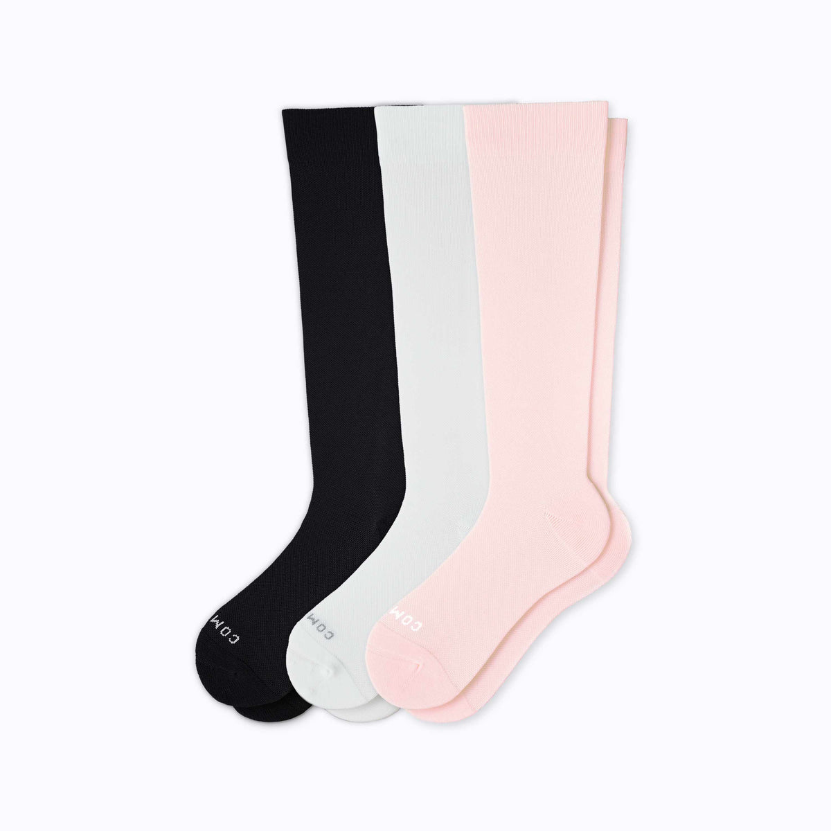 Comrad Knee-High Compression Socks, 3 Pack Solids, Black/Rose/White – flat lay