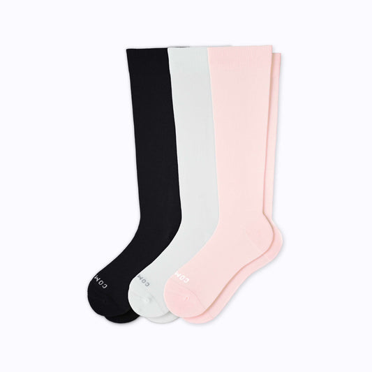 Comrad Knee-High Compression Socks, 3 Pack Solids, Black/Rose/White – flat lay