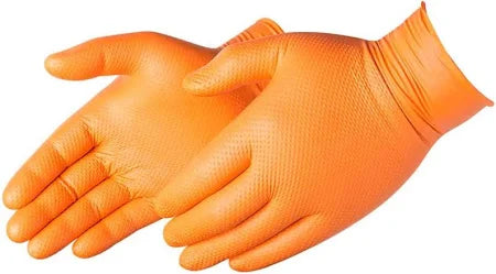 Hands wearing orange 8 mil industrial nitrile gloves