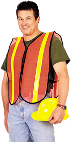 Worker wearing a fluorescent orange mesh safety vest with yellow reflective stripes