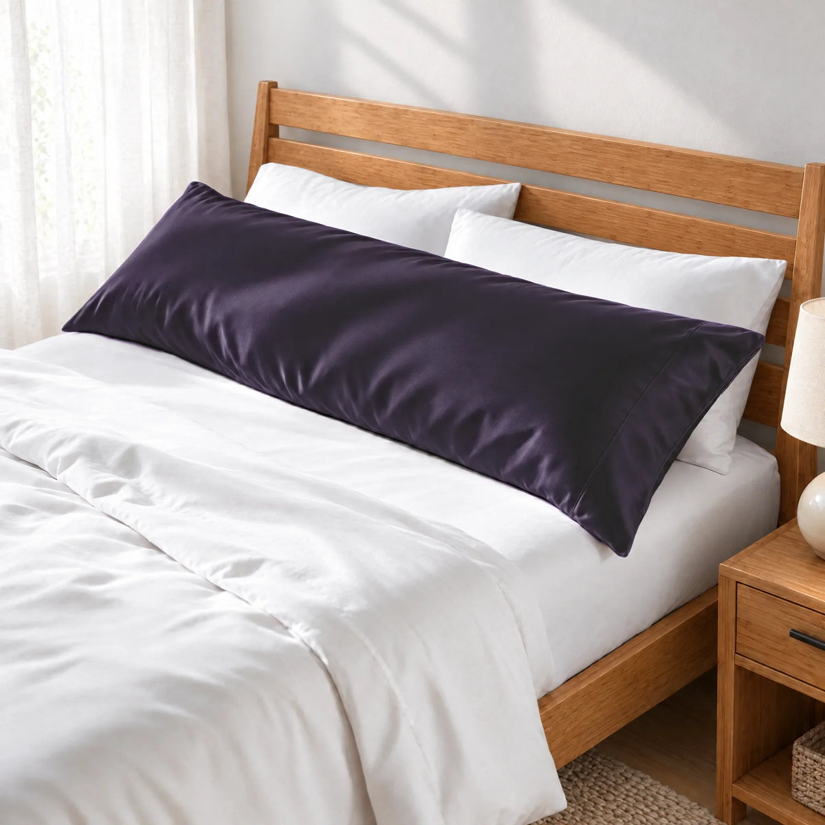 Bamboo is Better Cooling Bamboo Body Pillowcase, Royal Purple – angled foot-of-bed view