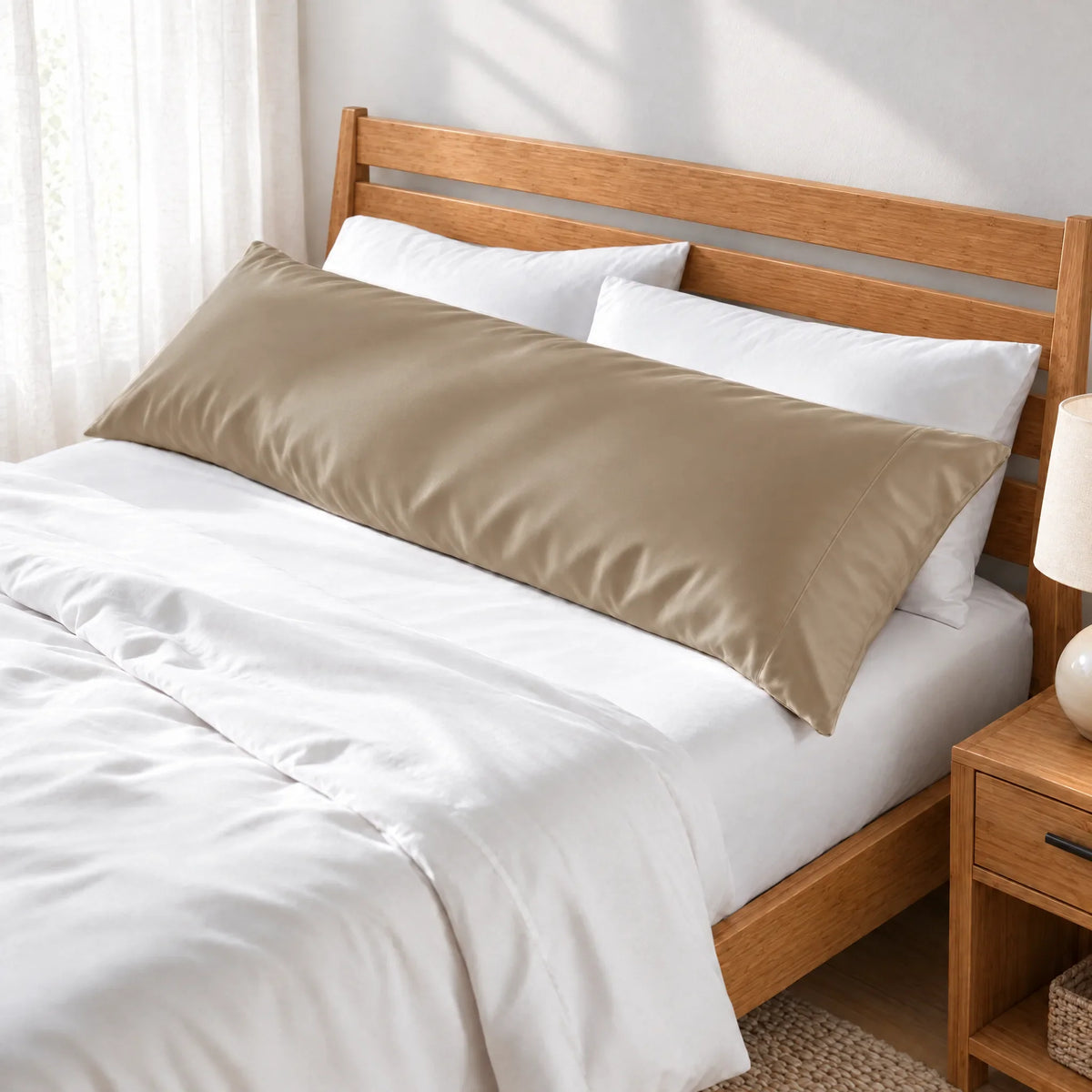 Bamboo is Better Cooling Bamboo Body Pillowcase, Taupe – angled foot-of-bed view