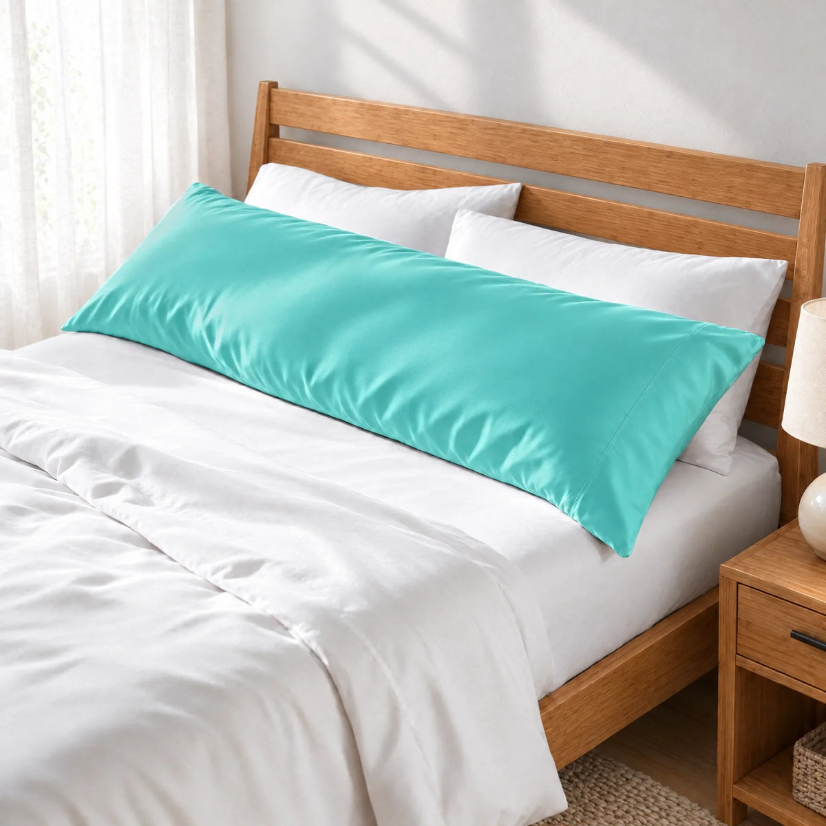 Bamboo is Better Cooling Bamboo Body Pillowcase, Tiffany Blue – angled foot-of-bed view