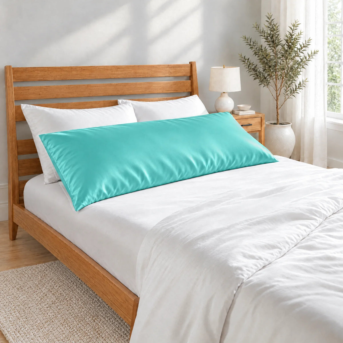 Bamboo is Better Cooling Bamboo Body Pillowcase, Tiffany Blue – head-of-bed view