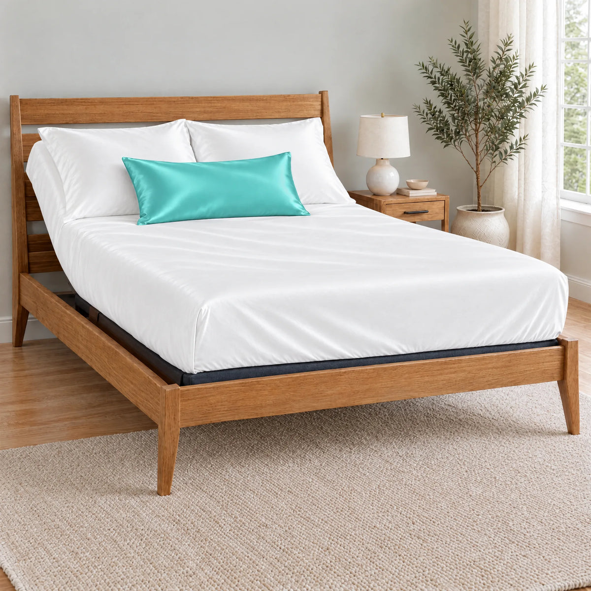 Bamboo is Better Cooling Bamboo Travel Pillowcase, Tiffany Blue – on a made bed